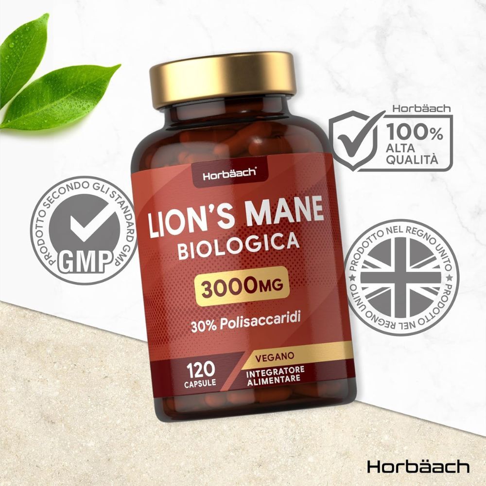 Flacone marrone con tappo dorato. Scritta: Lion's Mane Biologica 3000mg, 120 capsule. Vegano. Standard GMP. Alta qualità. Prodotto nel Regno Unito.