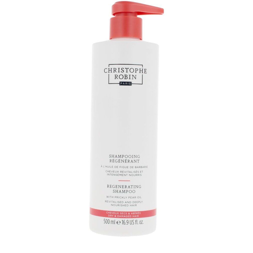 Flacone bianco con dosatore rosso. Testo: Christophe Robin, Shampooing régénérant, Regenerating Shampoo. 500 ml. Per capelli secchi e danneggiati.