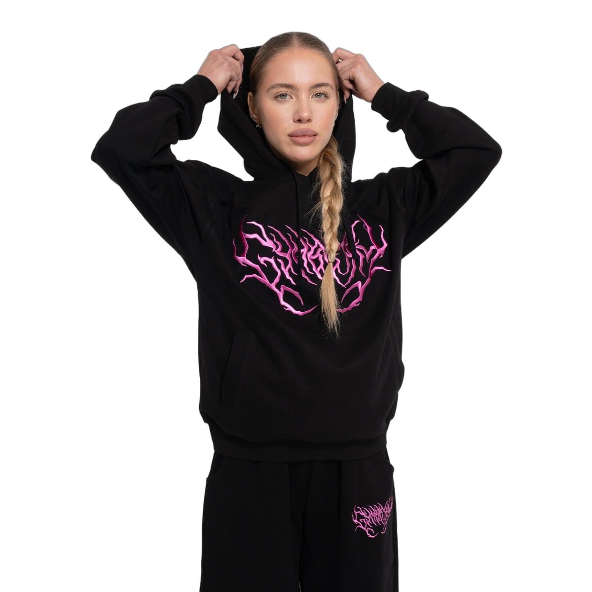GymBeam Felpa donna Thorn oversize nera con cappuccio, tasca e logo tribale