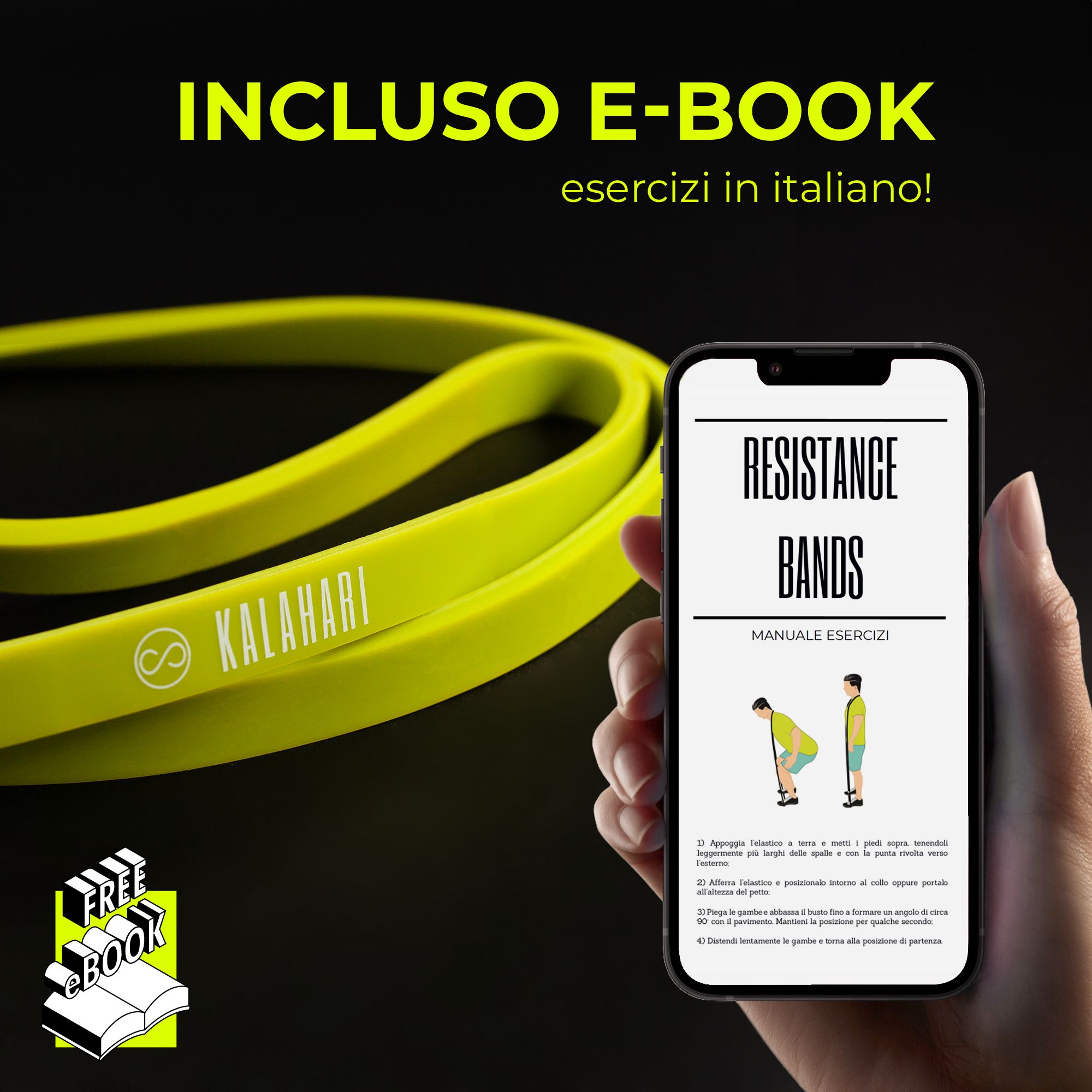 Fascia elastica verde KALAHARI accanto a uno smartphone che mostra un e-book di esercizi. 'Incluso E-Book'.