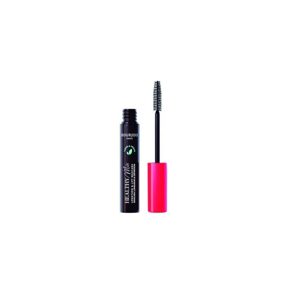 Tubo di mascara nero con tappo rosso e spazzola. Scritta: Bourjois Paris, Healthy Mix.