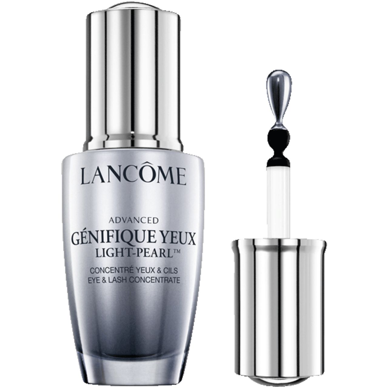 Flacone per il contorno occhi con applicatore. Flacone argentato con applicatore nero. Scritta: LANCOME GENIFIQUE YEUX LIGHT-PEARL.