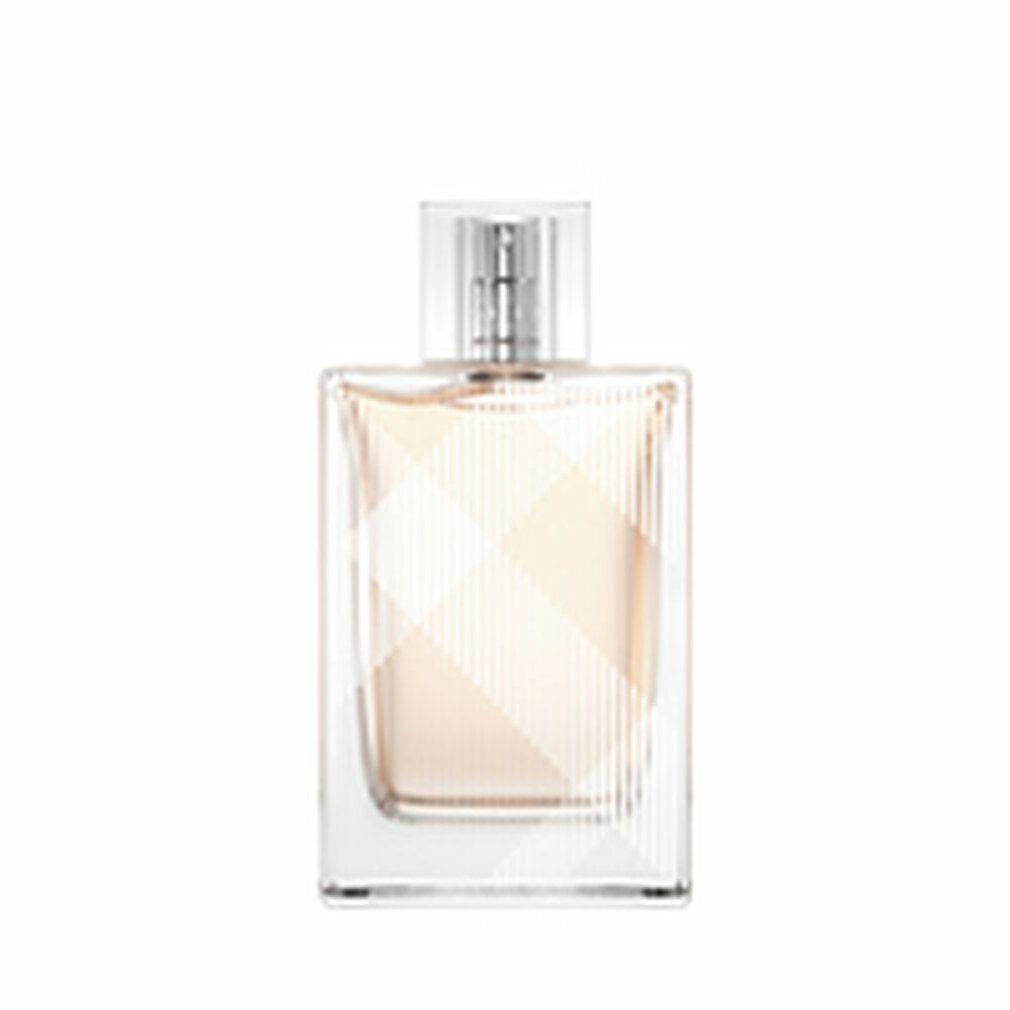 Burberry Brit Eau de Toilette Spray. Flacone trasparente con vaporizzatore argentato. Motivo geometrico. Liquido chiaro.