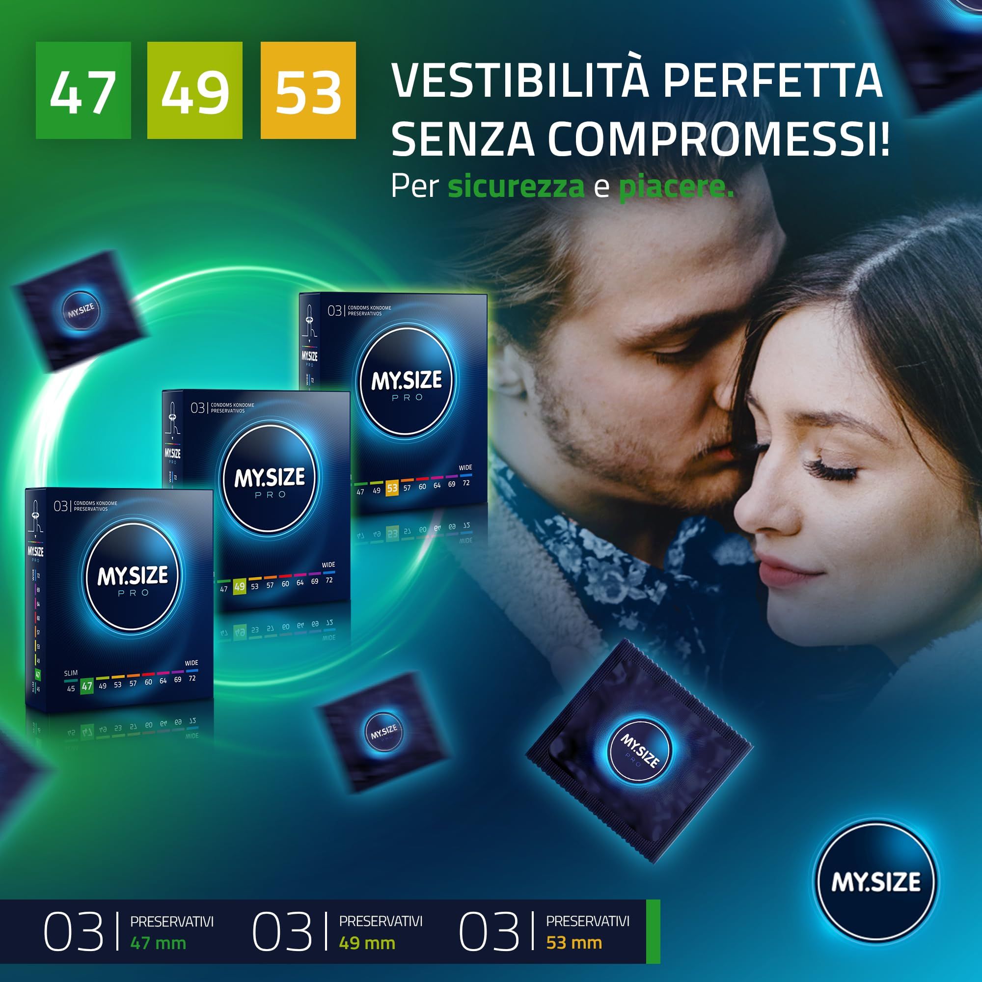 Coppia che si abbraccia, circondata da confezioni di preservativi My.Size PRO e preservativi singoli.