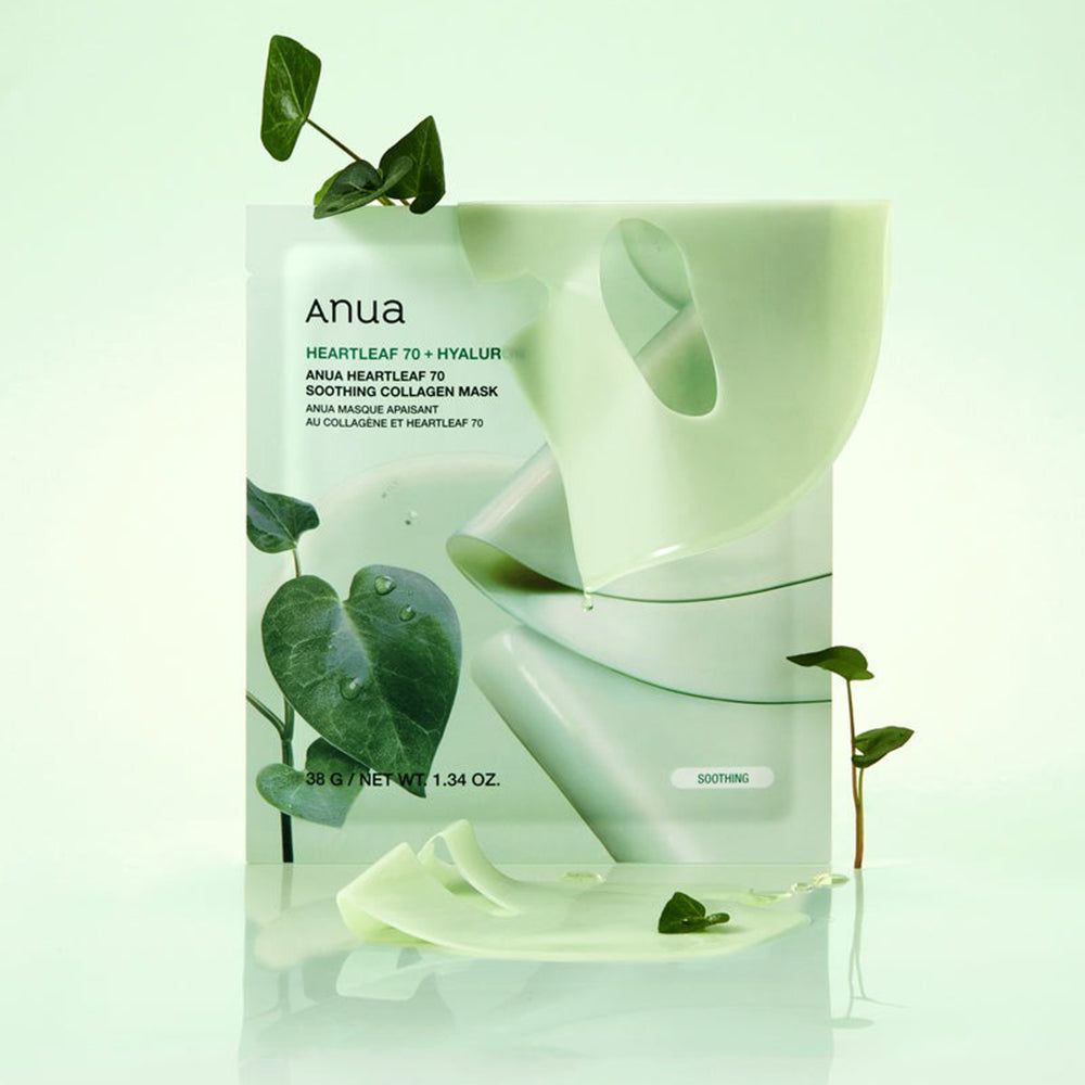 Confezione verde con maschera e foglie. Nome del prodotto e informazioni. Maschera parzialmente spiegata.