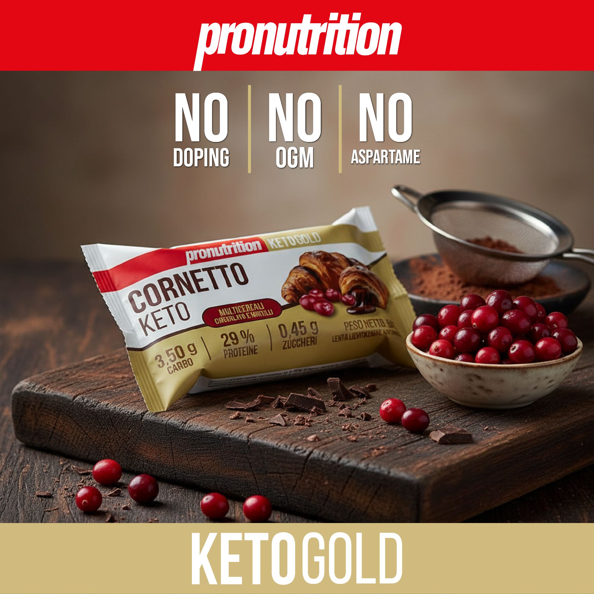 Confezione Cornetto Keto con ingredienti. Scritte: NO DOPING, NO OGM, NO ASPARTAME e KETOGOLD.