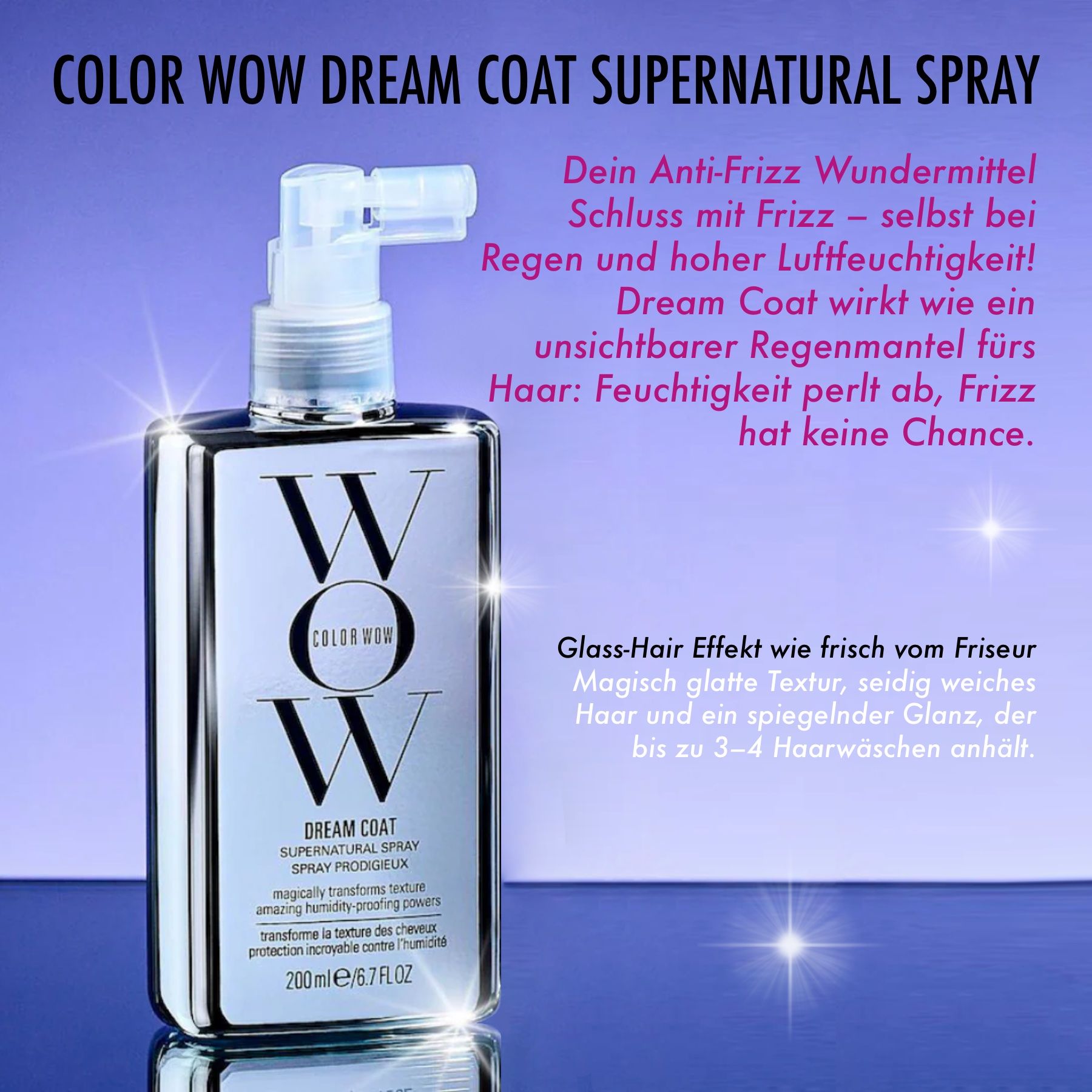 Spray COLOR WOW Dream Coat. Flacone con vaporizzatore. Testo e logo su sfondo argento. Descrizione del prodotto in tedesco.