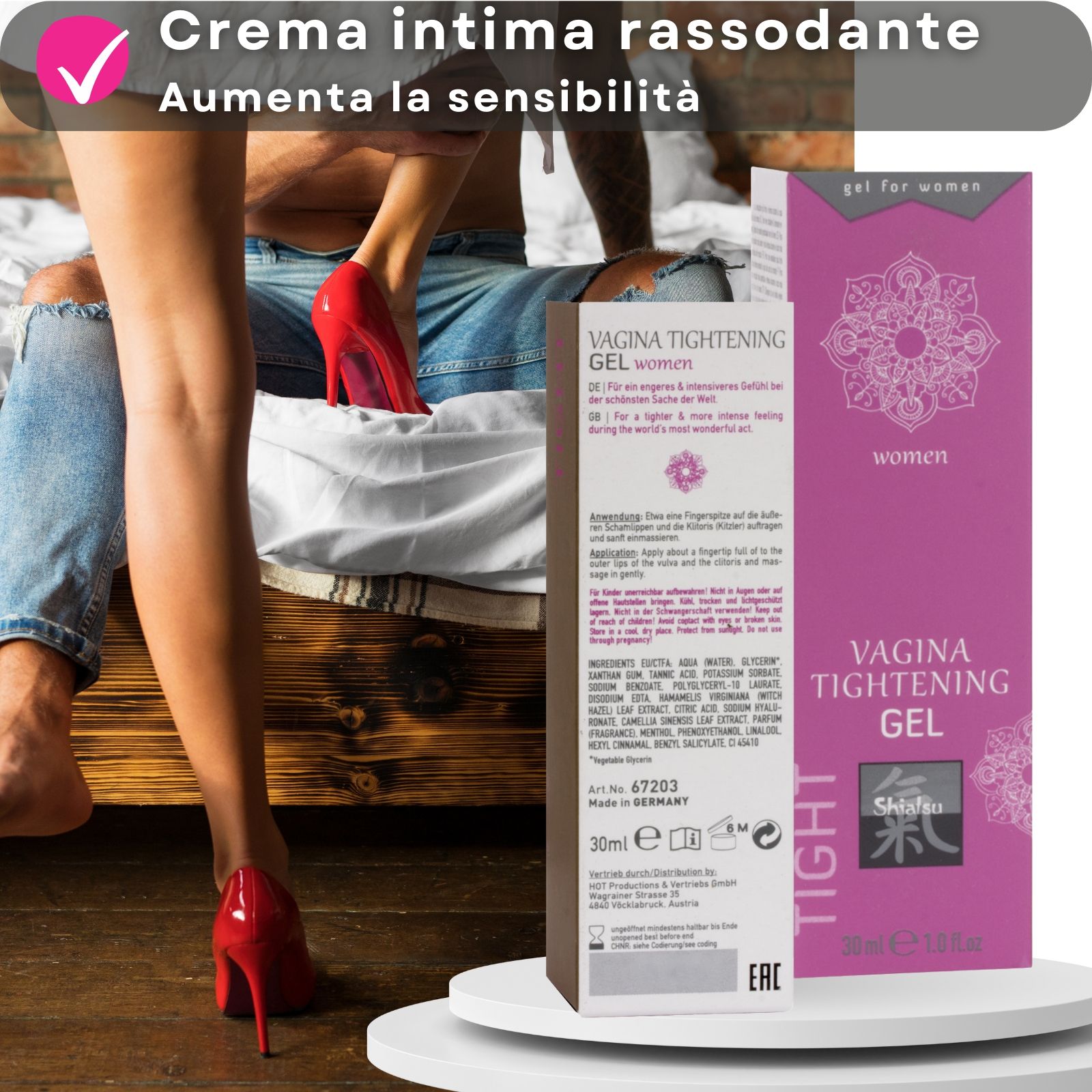 Prodotto e confezione. Vagina Tightening Gel. Tubo rosa. Testo e logo. Sfondo: coppia.
