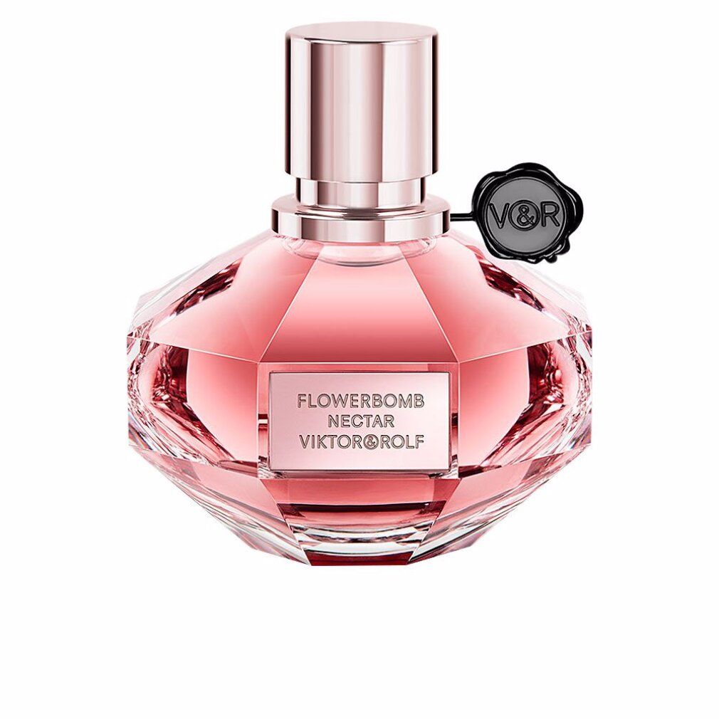 Flacone rosa con liquido rosa. Scritta: Flowerbomb Nectar Viktor & Rolf. Sigillo nero con logo V&R.