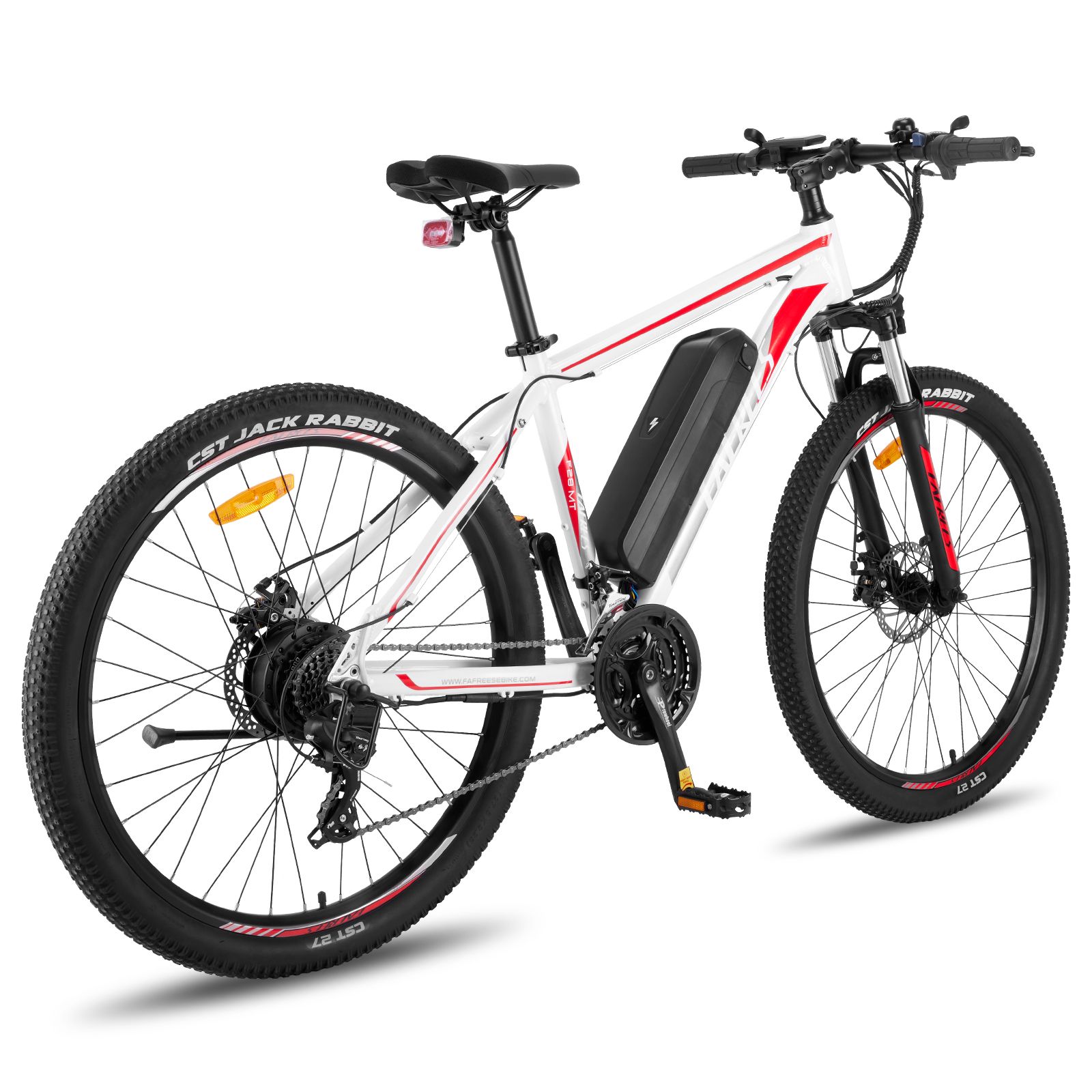 E-mountain bike bianco con dettagli rossi. Pneumatici, forcella e manubrio neri. Batteria sul telaio.