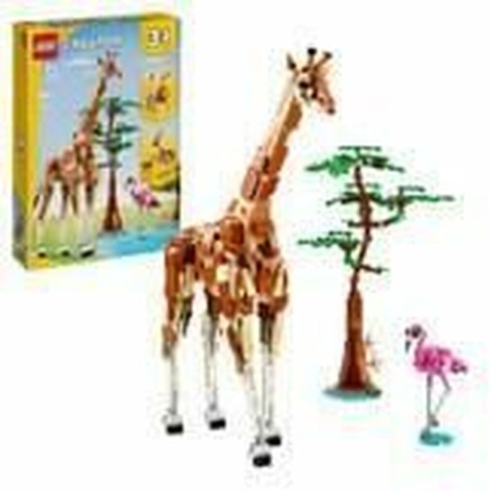 Set LEGO Creator 3in1 giraffa. Include giraffa, albero, fenicottero e confezione. Scatola giallo-verde con immagini del prodotto.