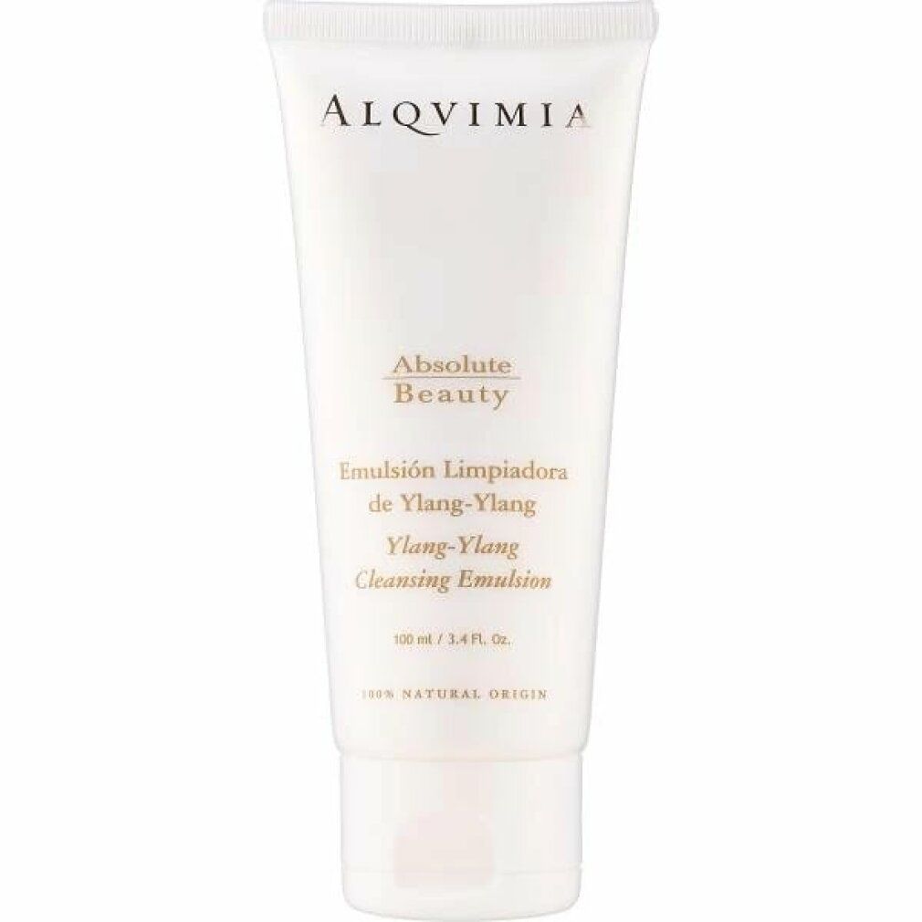 Tubo beige con testo. Scritta: Alqvimia, Absolute Beauty, Emulsión Limpiadora de Ylang-Ylang, Ylang-Ylang Cleansing Emulsion.