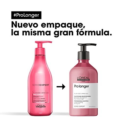 Due flaconi di shampoo rosa con dosatore. A sinistra: Serie Expert. A destra: Pro Longer. Testo: Nuovo packaging, stessa formula.