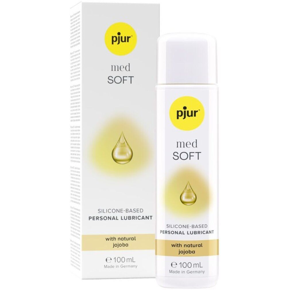 Flacone e confezione di pjur® med *Soft*. Scritta: Silicone-based Personal Lubricant with natural Jojoba. E 100 ml.