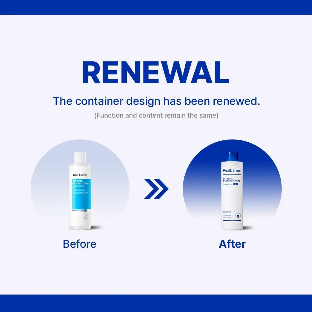 Grafica: confronto prima-dopo. A sinistra: flacone con etichetta blu. A destra: flacone nuovo design. Testo: Renewal.