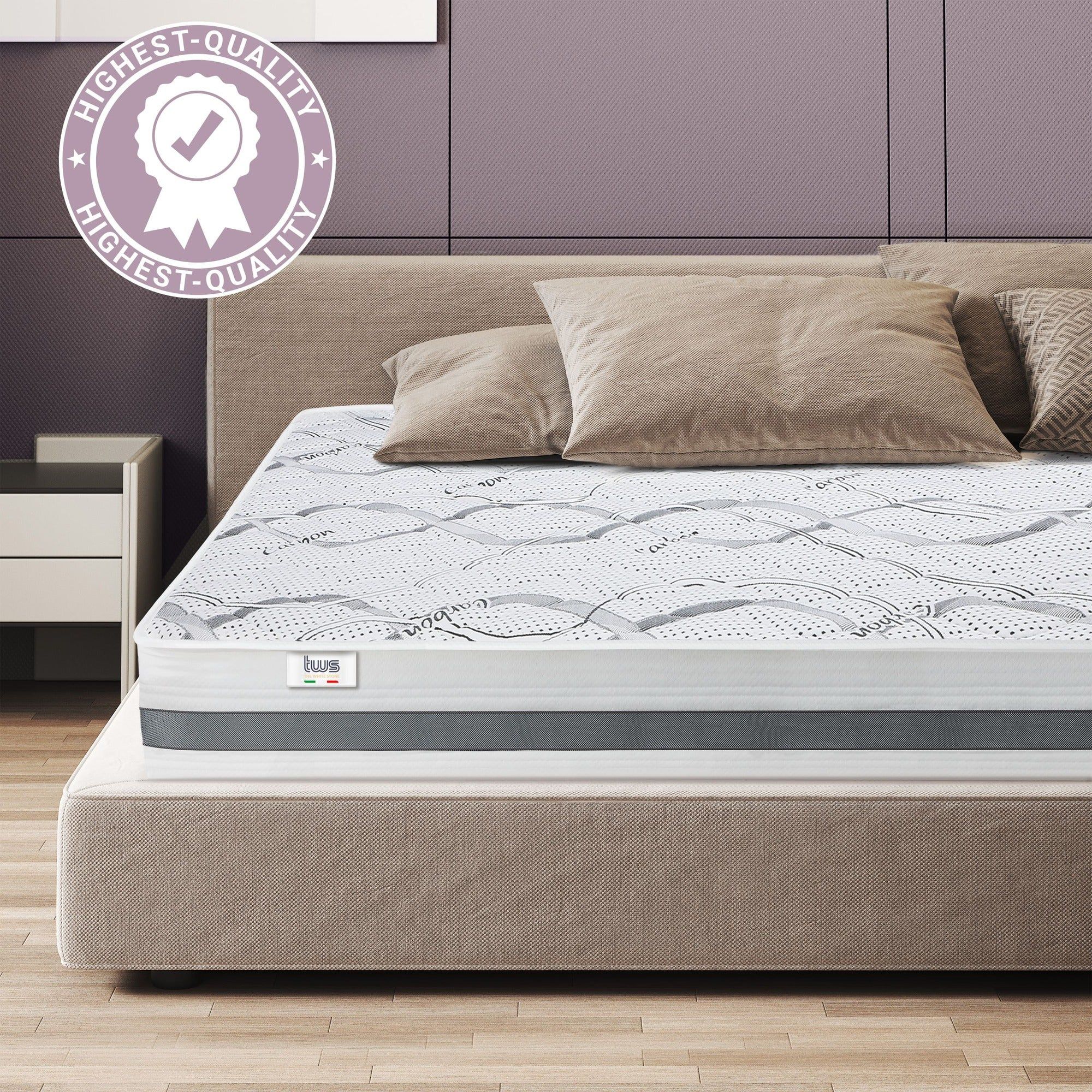 The White Stone Materasso a Una Piazza e Mezza 130x190 cm a Media Rigidita' | Altezza 25 cm