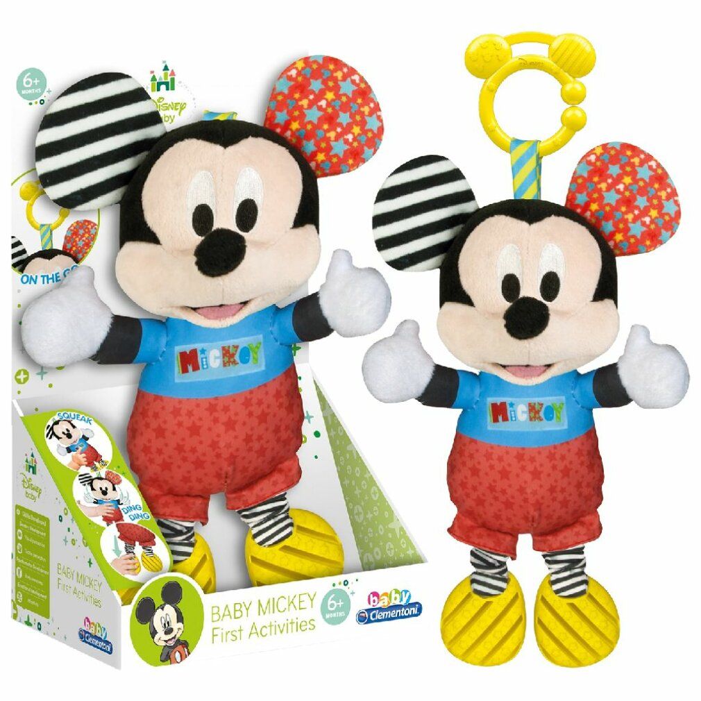 Peluche di Topolino con confezione. Gancio giallo. Elementi neri, bianchi e rossi. Abbigliamento blu con scritta Mickey.