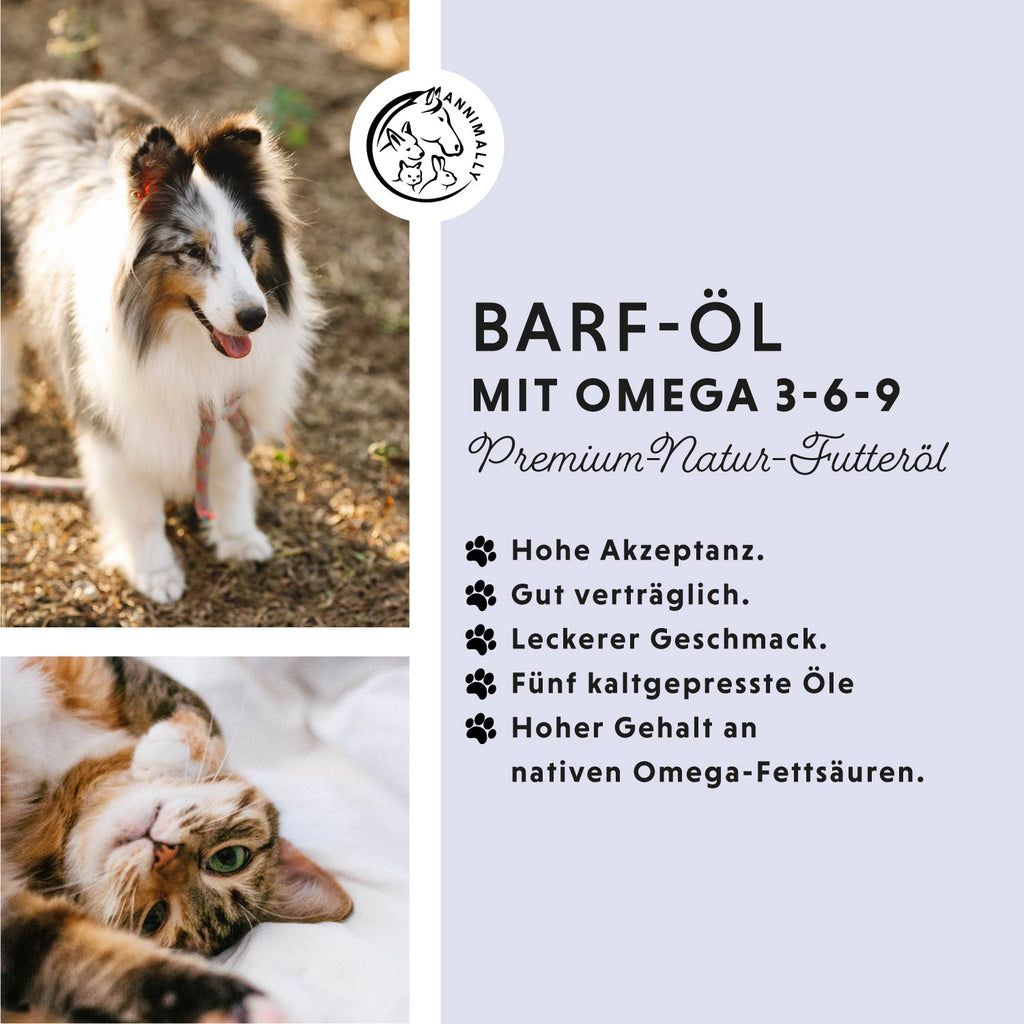 Cane e gatto accanto al testo. "BARF-Öl mit Omega 3-6-9". Testo: Alta accettazione, buona tolleranza, gusto delizioso, 5 oli, alto contenuto di acidi grassi omega.