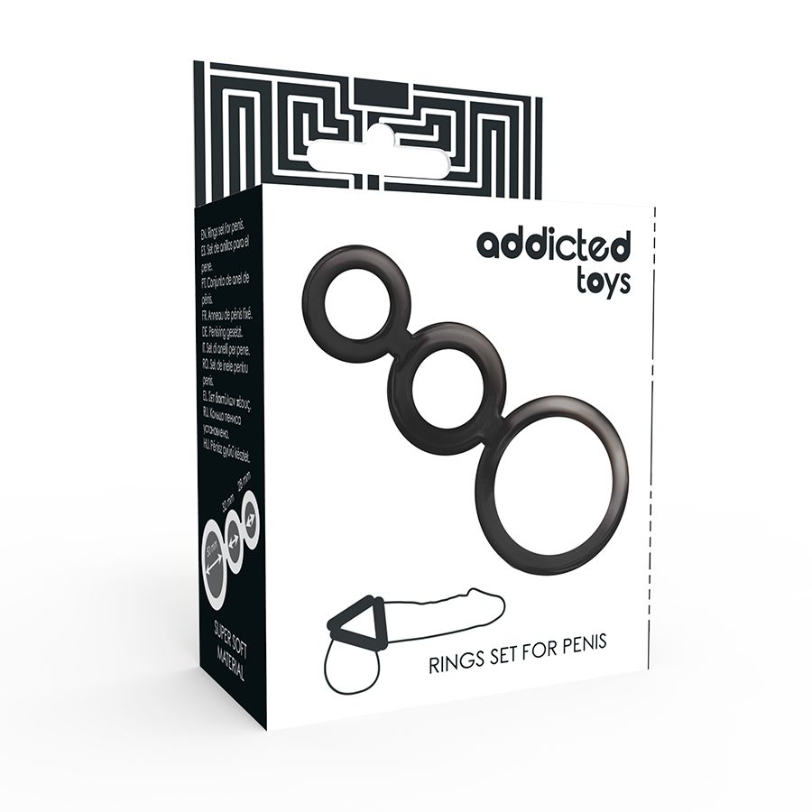 Confezione con tre anelli neri. Stampa: Addicted Toys, Rings Set for Penis. Illustrazione di un anello per il pene.