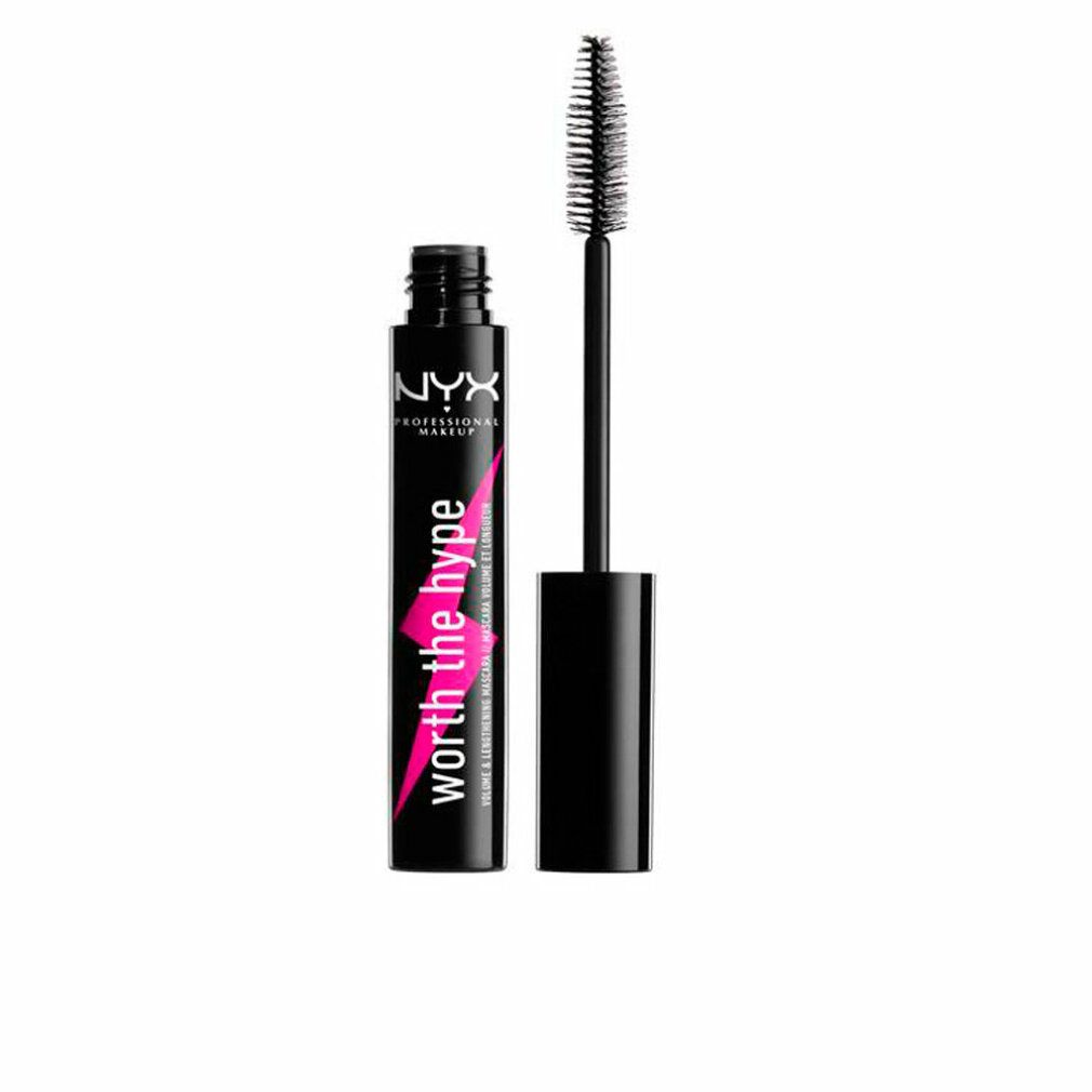 Tubo di mascara nero con spazzola. Scritta: Worth the Hype. Marchio: NYX Professional Makeup. Design fulmine rosa.