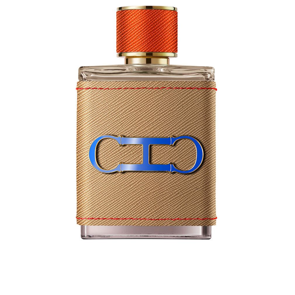 Flacone di profumo con similpelle marrone, cuciture rosse e logo blu-oro. Tappo arancione.