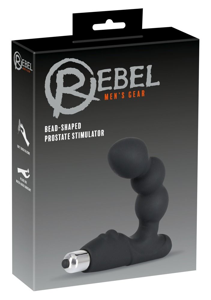 Stimolatore prostatico nero a forma di perle. Confezione con nome del prodotto e logo del marchio. Testo: BEAD-SHAPED PROSTATE STIMULATOR.