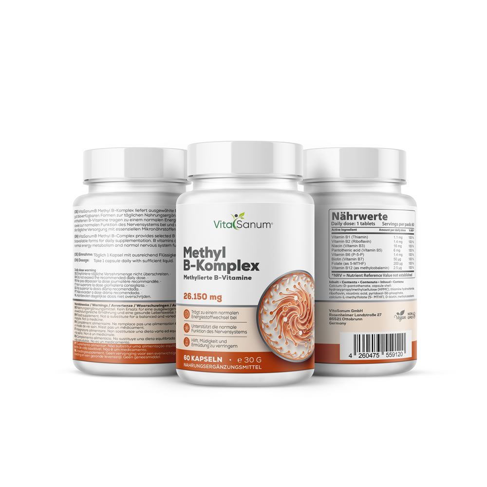 Tre flaconi bianchi con etichette. Scritta: Methyl B-Komplex, 26.150 mg, 60 capsule. Sigillo vegano.
