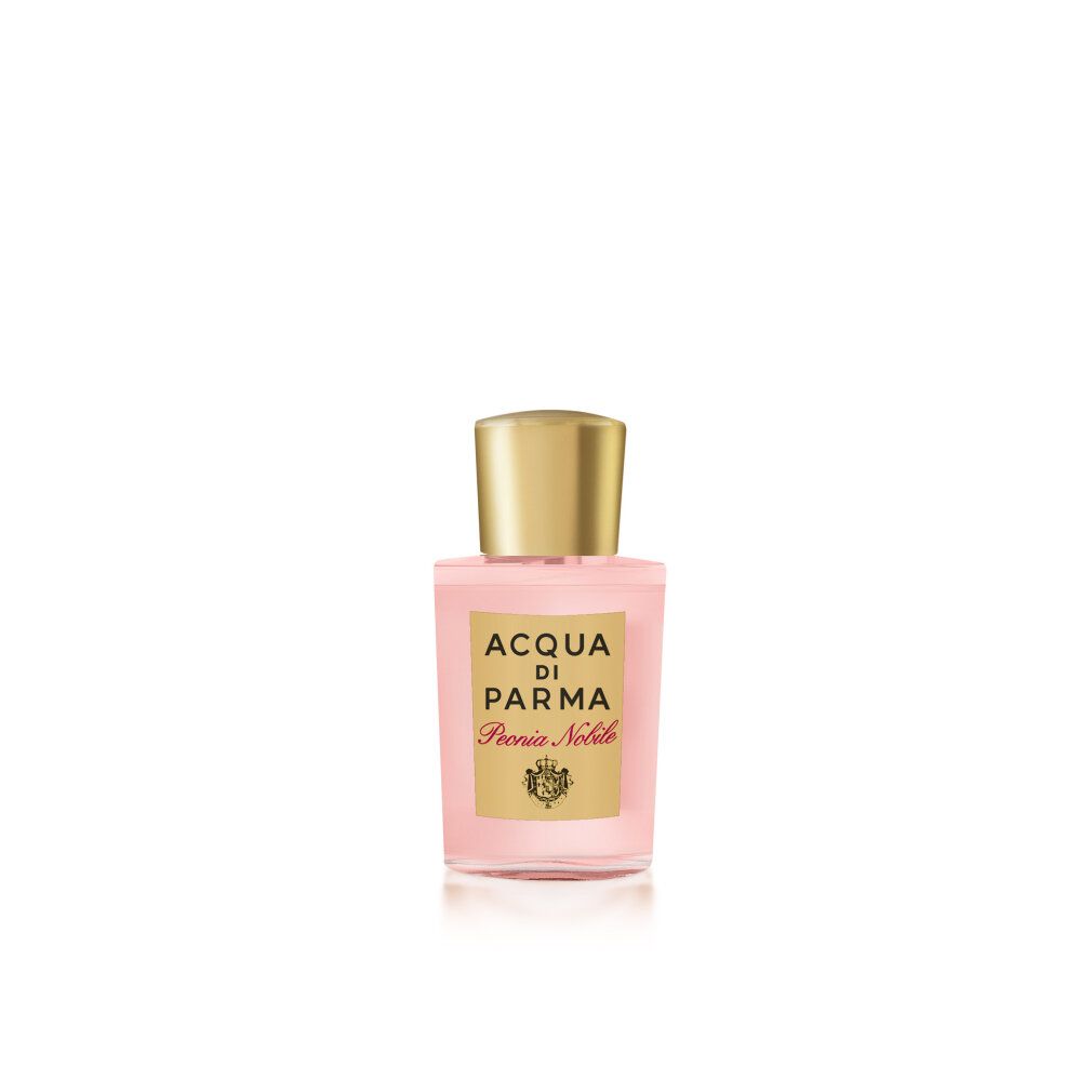 Flacone rosa con tappo dorato. Scritta: ACQUA DI PARMA Peonia Nobile. Eau de Parfum.