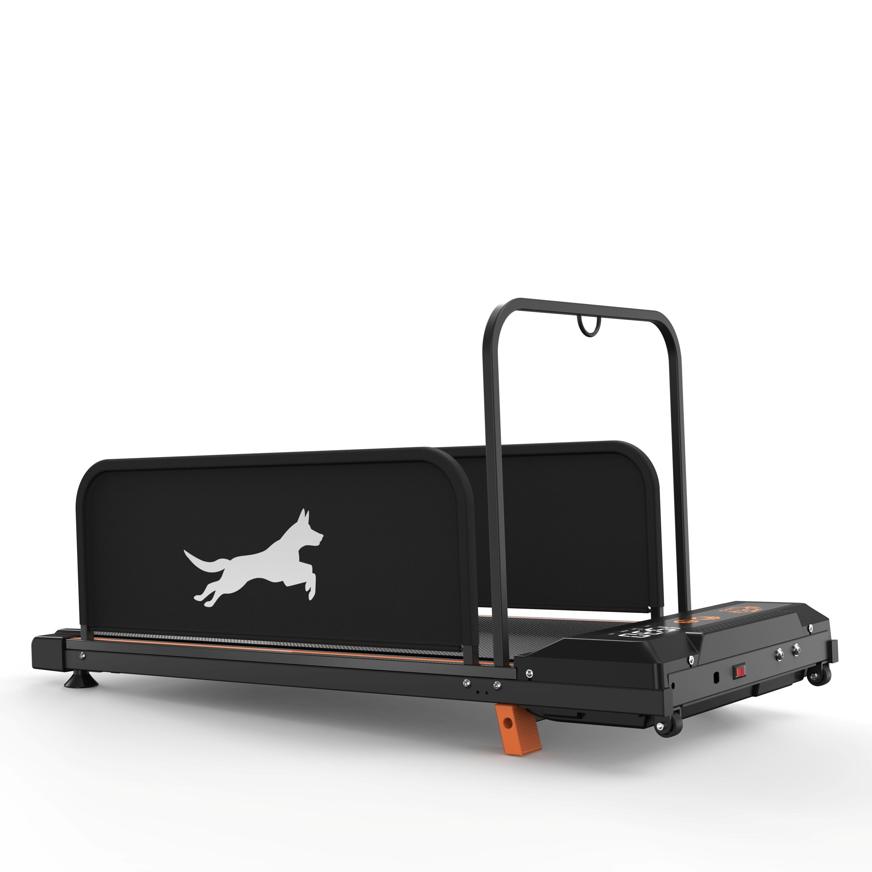 Tapis roulant nero per cani, protezioni laterali, maniglia. Display digitale.