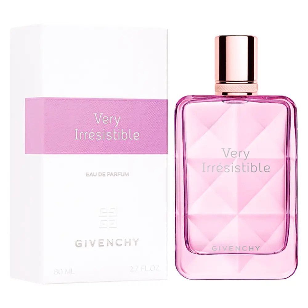 Flacone rosa accanto a confezione bianca. Scritta: Very Irrésistible, Eau de Parfum, Givenchy.