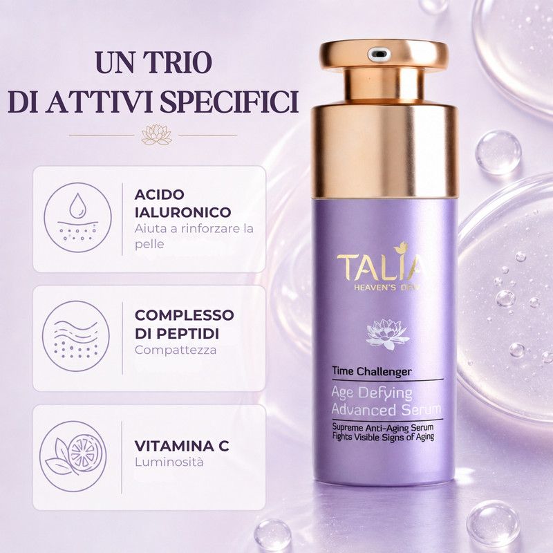 Flacone viola con pompa dorata, etichettato 'Talia Heaven's Dew Time Challenger Age Defying Advanced Serum'.