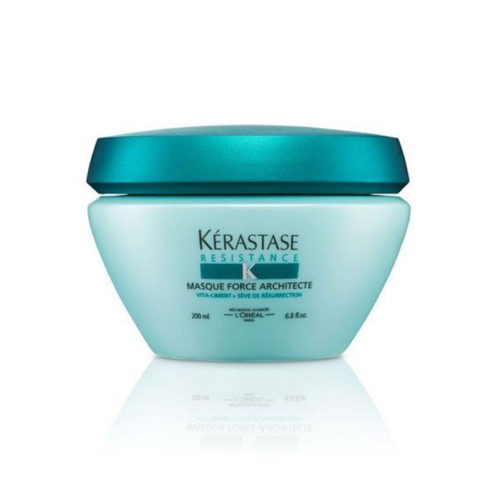 Vaso azzurro con coperchio blu. Scritta: Kérastase Resistance, Masque Force Architecte, 200ml, 6.8 fl.oz.