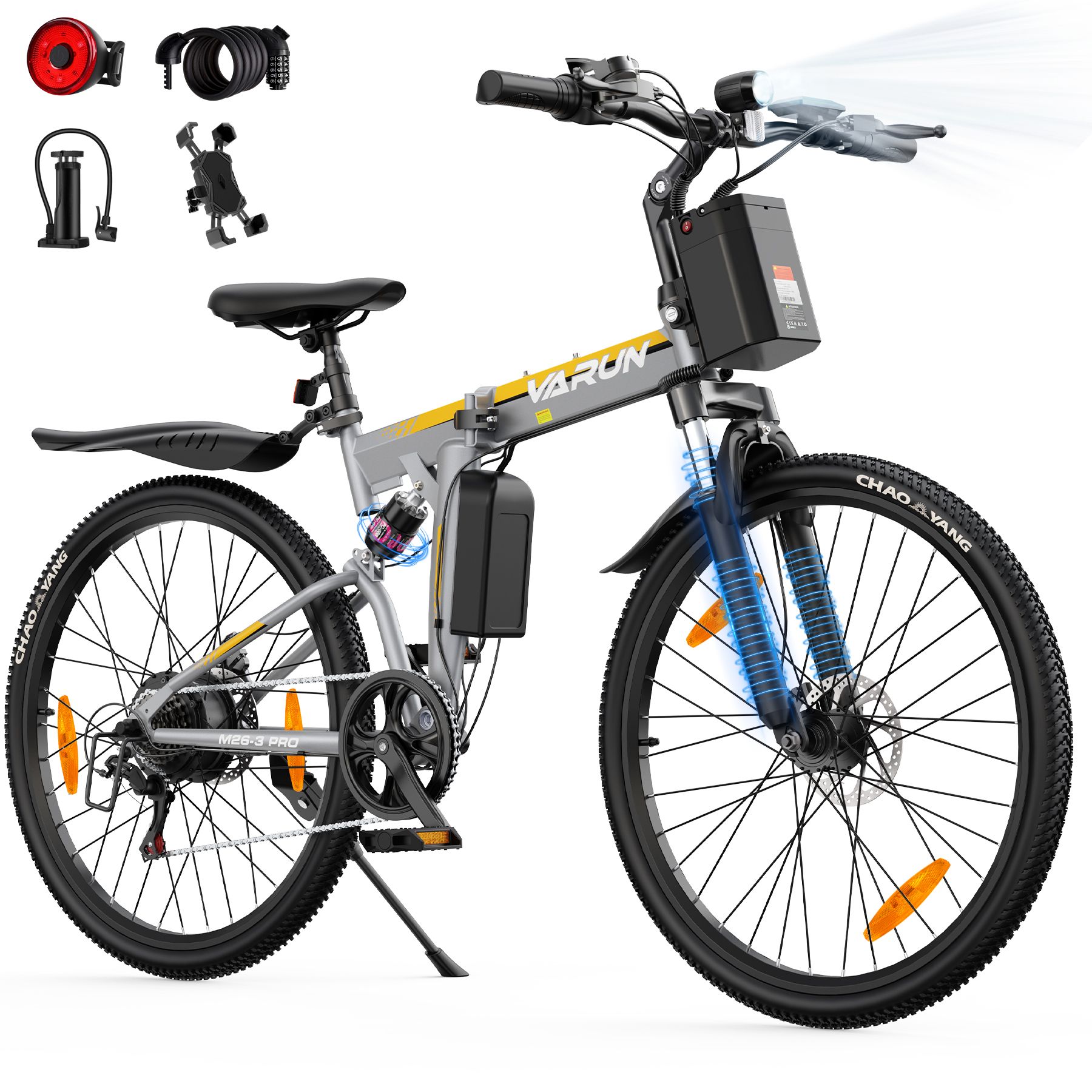 E-bike pieghevole grigio-giallo. Faro, accessori. Logo VARUN. Pneumatici CHAOYANG. Accessori: luce, lucchetto, pompa, supporto.