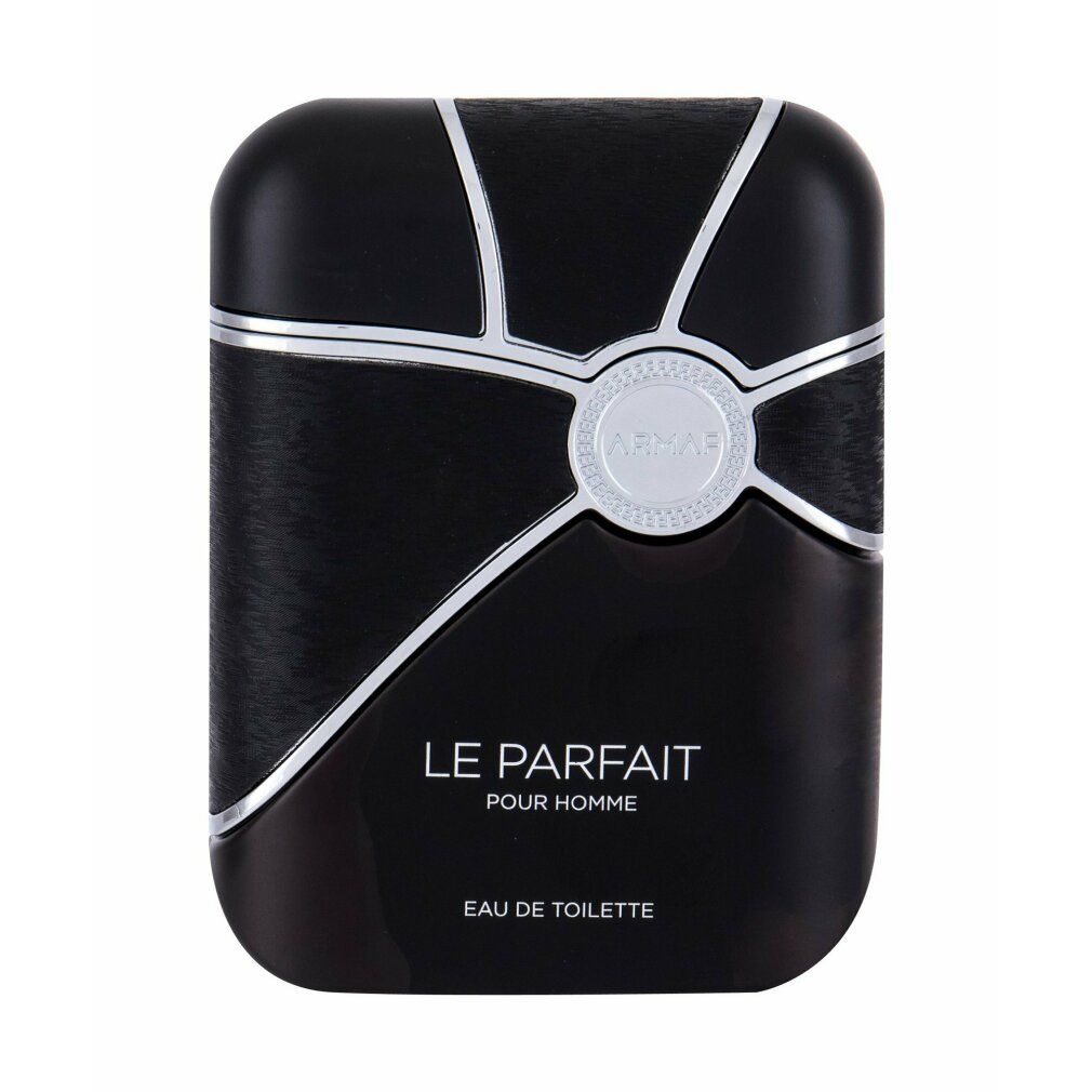 Flacone nero con dettagli argentati. Scritta: Le Parfait Pour Homme, Eau de Toilette. Logo rotondo.