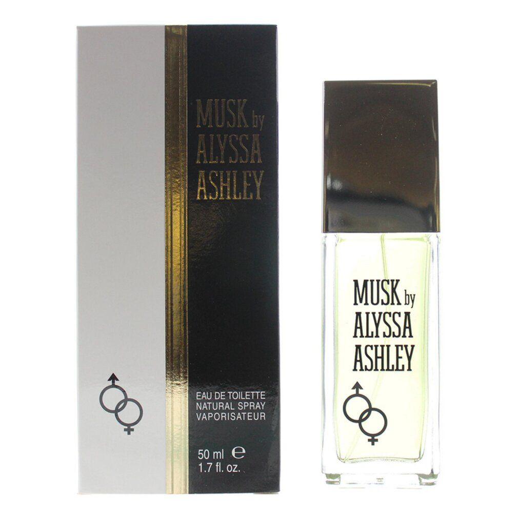 Confezione e flacone. Scritta: Musk by Alyssa Ashley. Eau de Toilette Natural Spray. 1.7 fl. oz. Accenti neri e oro.