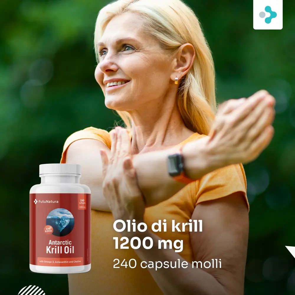 Donna che si allunga, accanto a un flacone di Antarctic Krill Oil. Scritta: Olio di krill 1200 mg, 240 capsule molli.