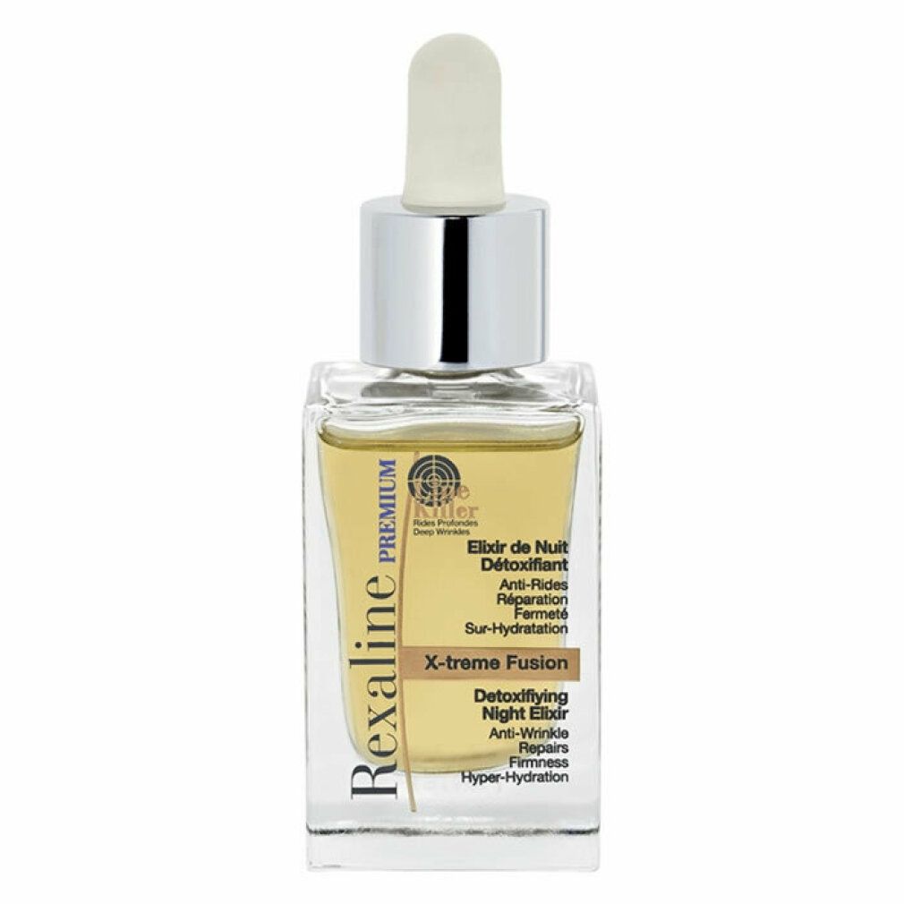 Flacone di vetro trasparente con tappo argentato e pipetta. Scritta: Rexaline Premium, Elixir de Nuit Détoxifiant.