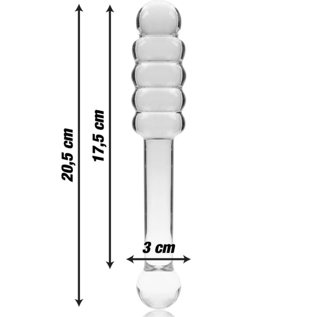 Dildo in vetro borosilicato, lungo 20,5 cm, con testa a coste e impugnatura sferica.