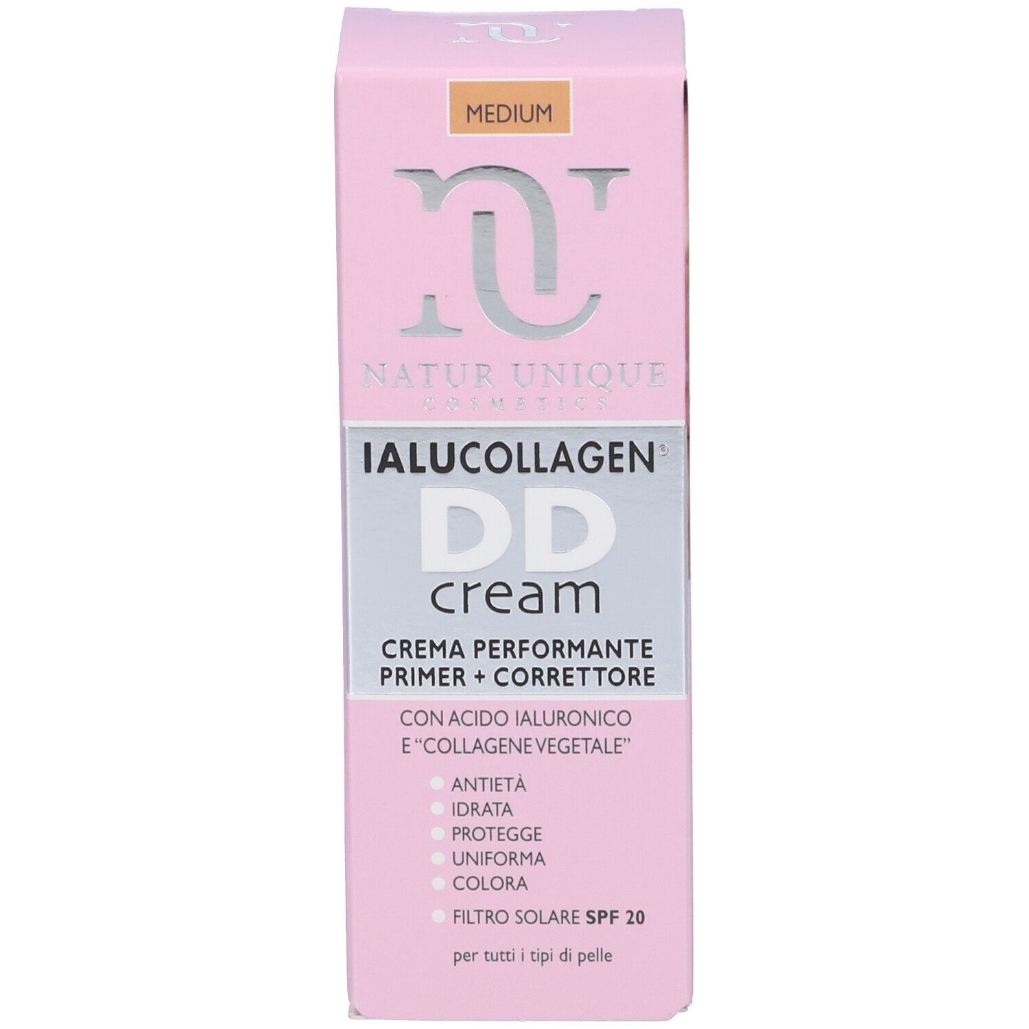 Scatola rosa. Testo: Natur Unique Cosmetics, IALUCOLLAGEN DD cream, Medium. Contiene acido ialuronico e collagene, SPF 20.