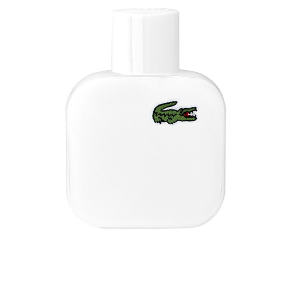Flacone bianco con tappo bianco e logo coccodrillo Lacoste. Forma quadrata con angoli arrotondati.