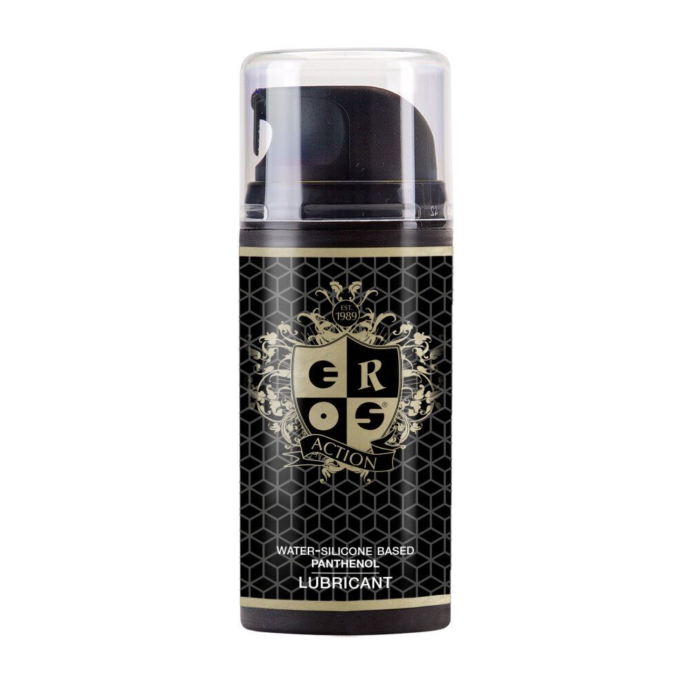 Flacone cilindrico nero con etichetta. Logo dorato "EROS Action". Testo: "Water-Silicone Based Panthenol Lubricant". Tappo trasparente. Primo piano.