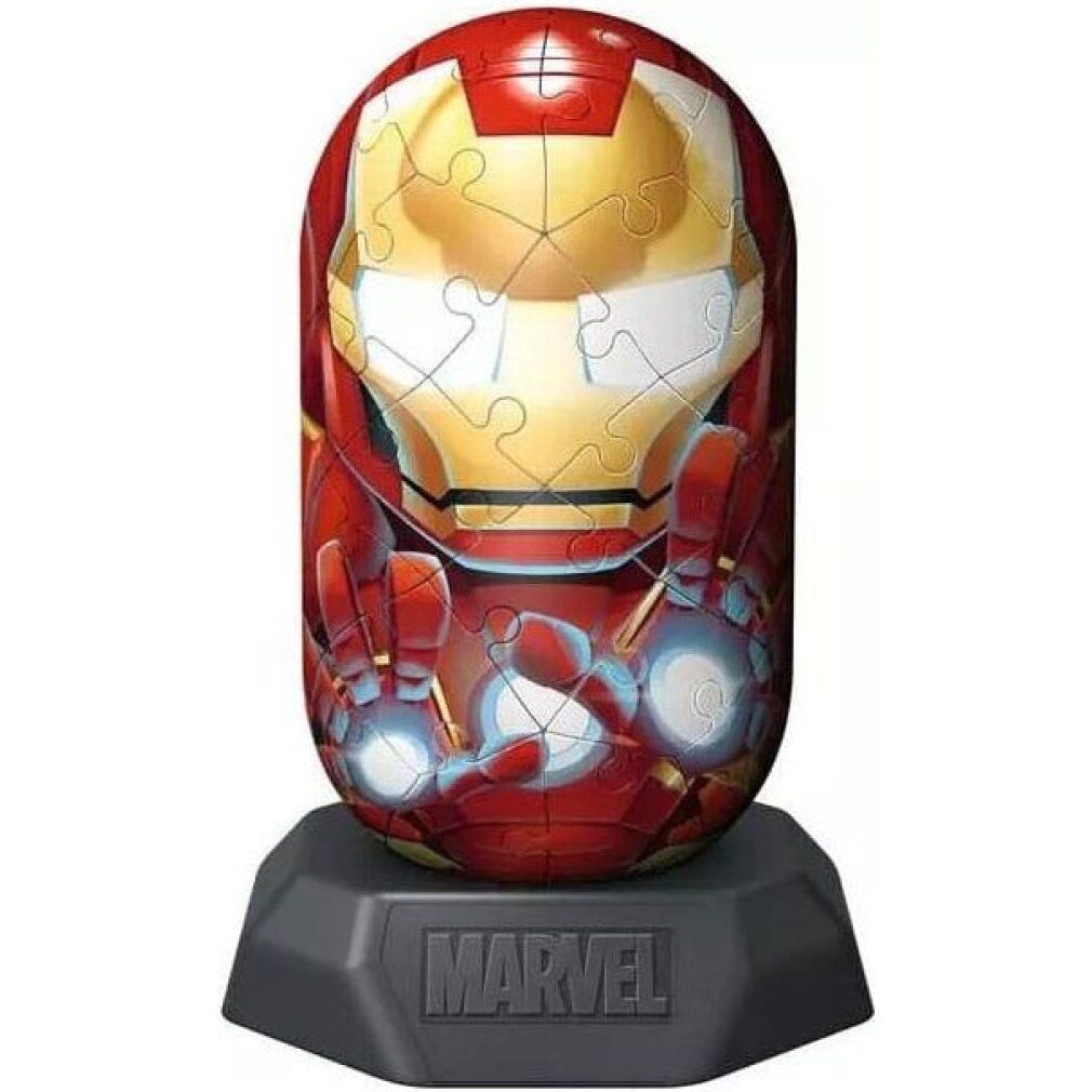 Puzzle 3D Iron Man rosso e oro. Base grigia con logo Marvel. Pezzi che formano il volto e le mani di Iron Man.