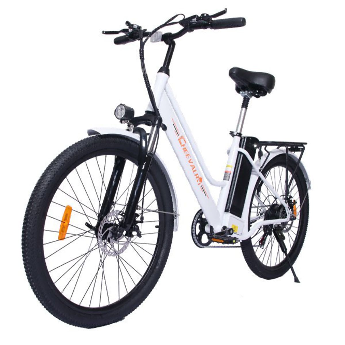 Bicicletta elettrica bianca con pneumatici neri, faro e marchio Cheevalry.