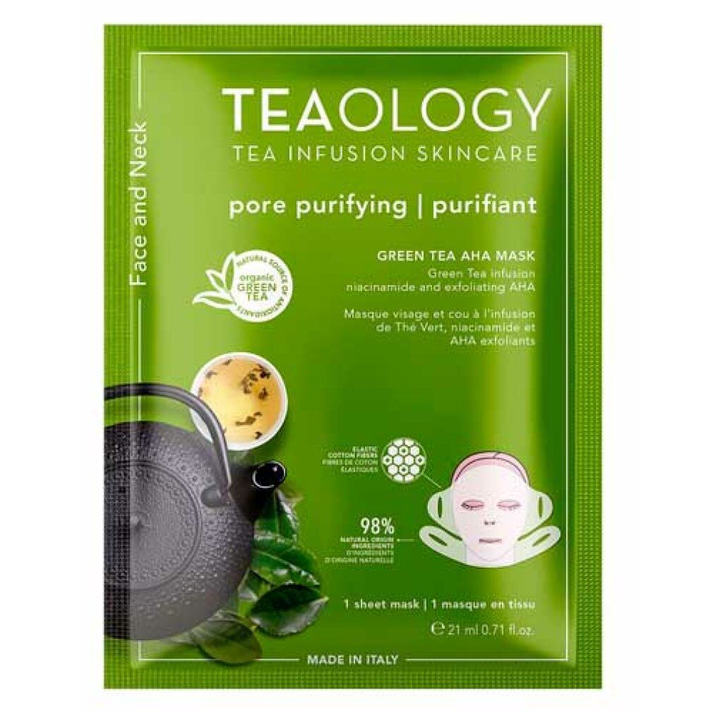 Confezione verde con informazioni sul prodotto. Testo: Teaology Tea Infusion Skincare, Green Tea AHA Mask. Illustrazione: teiera, tè, maschera viso.