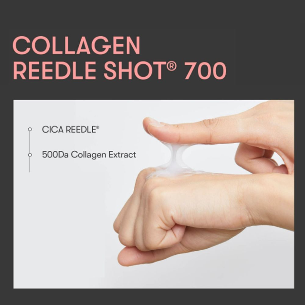 Mani con prodotto. Testo: Kollagen Reedle Shot 700. Cica Reedle ed estratto di collagene 500Da.