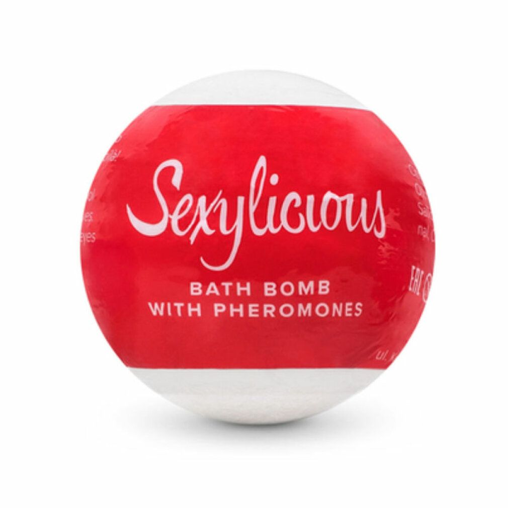 Bomba da bagno rossa e bianca. Scritta: Sexylicious, Bath Bomb with Pheromones.