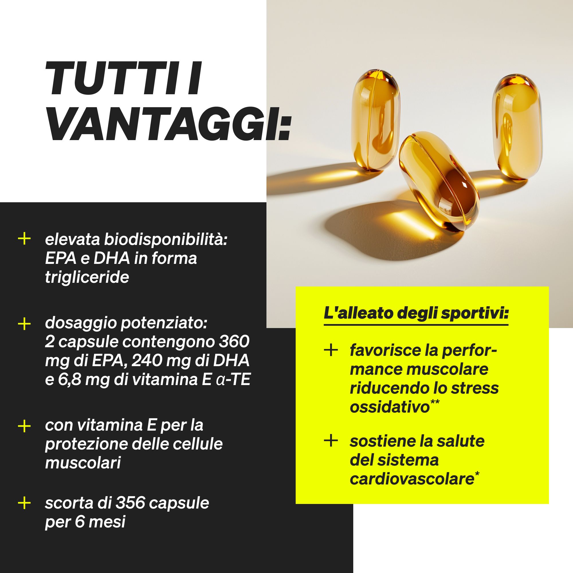 Etichette dei prodotti Natural Elements Omega 3 in diverse lingue.
