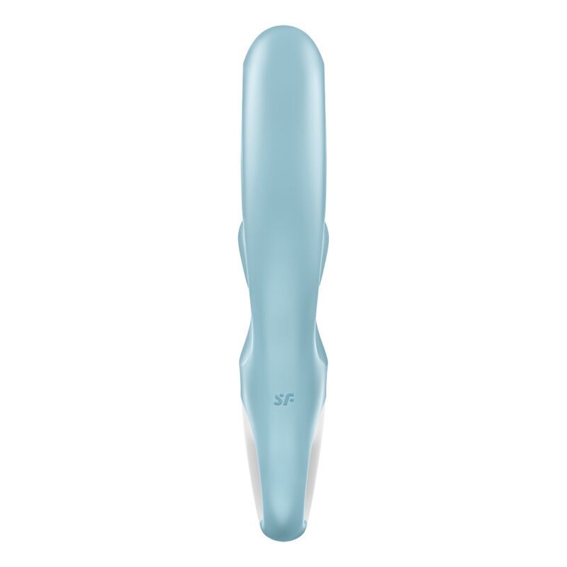 Un vibratore azzurro dalla forma curva, visto di lato.