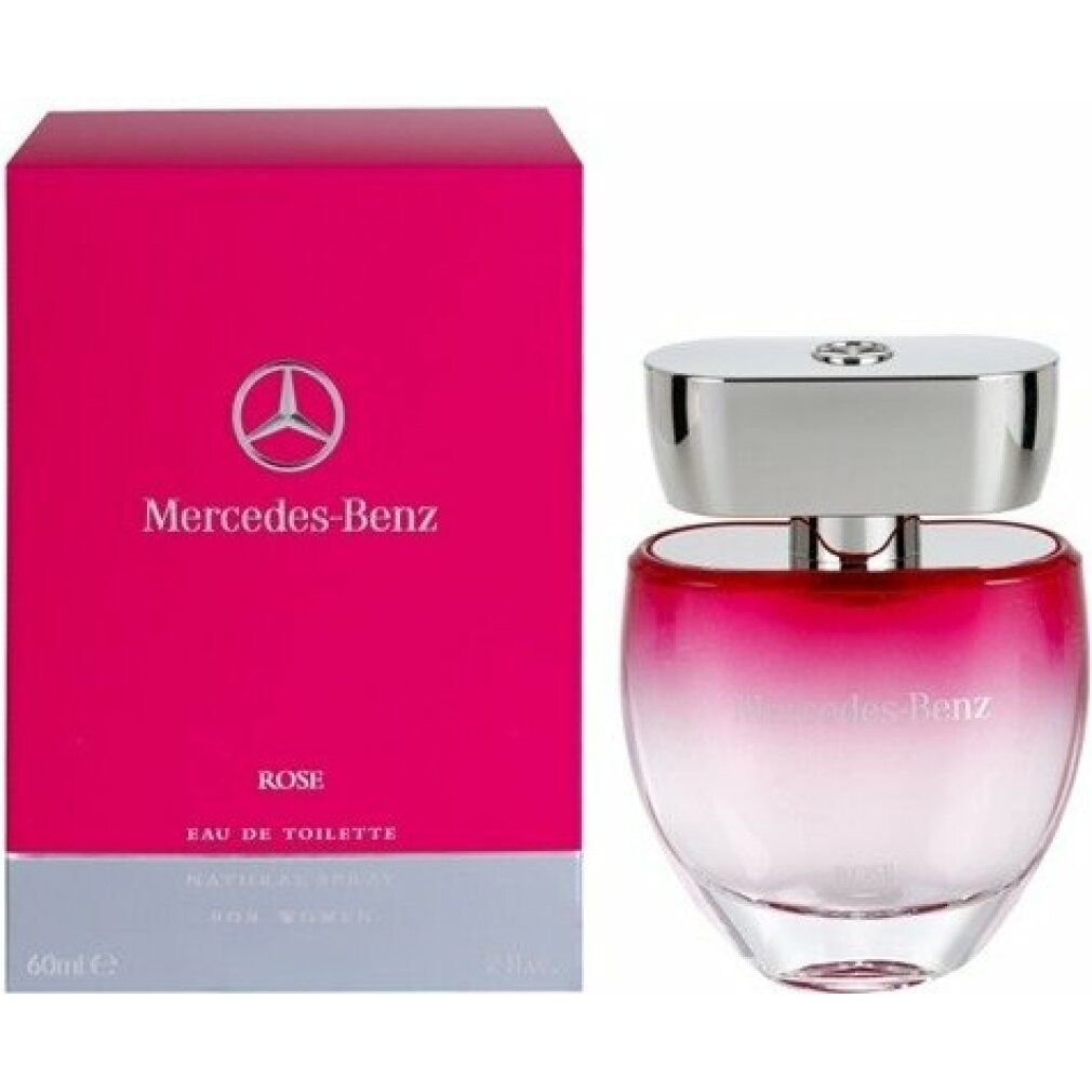 Confezione rosa e flacone di profumo. Logo Mercedes-Benz. Scritta Rose, Eau de Toilette.