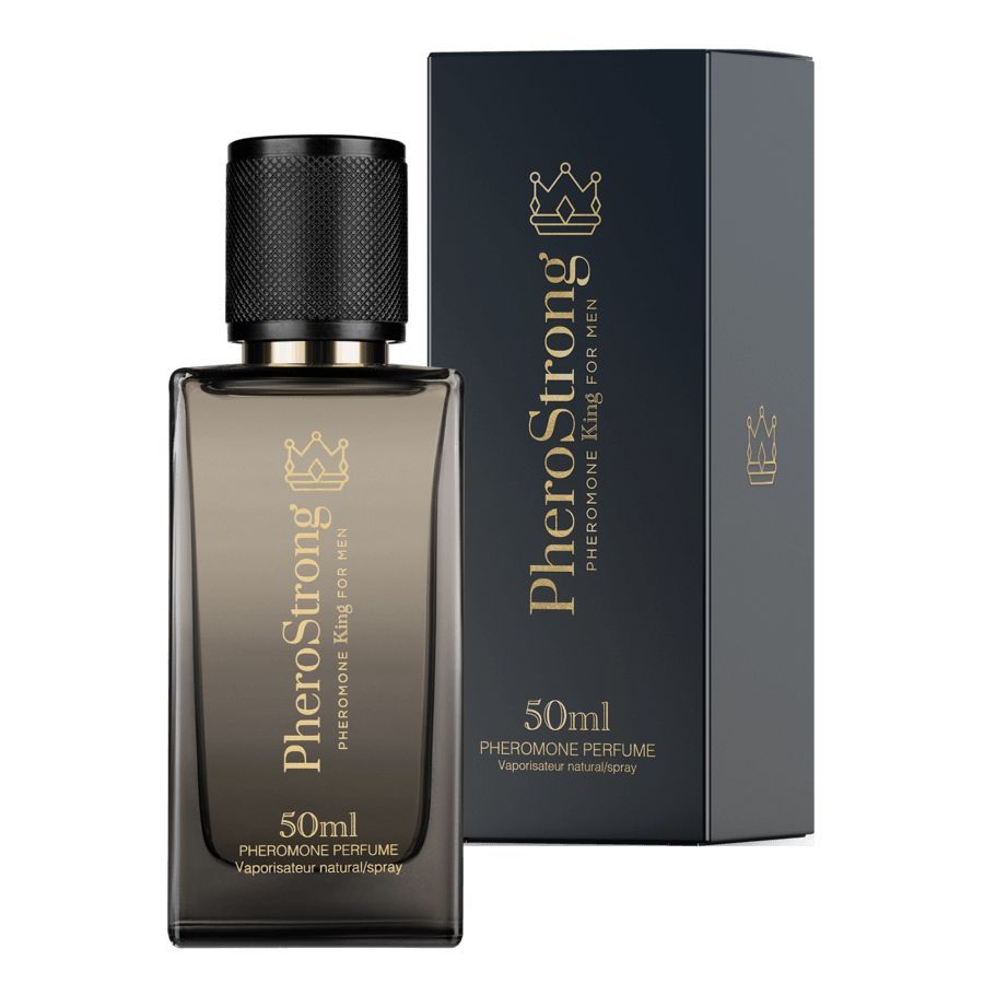 PheroStrong Profumo feromoni per uomo, flacone da 50ml con spruzzatore nero e scatola abbinata.